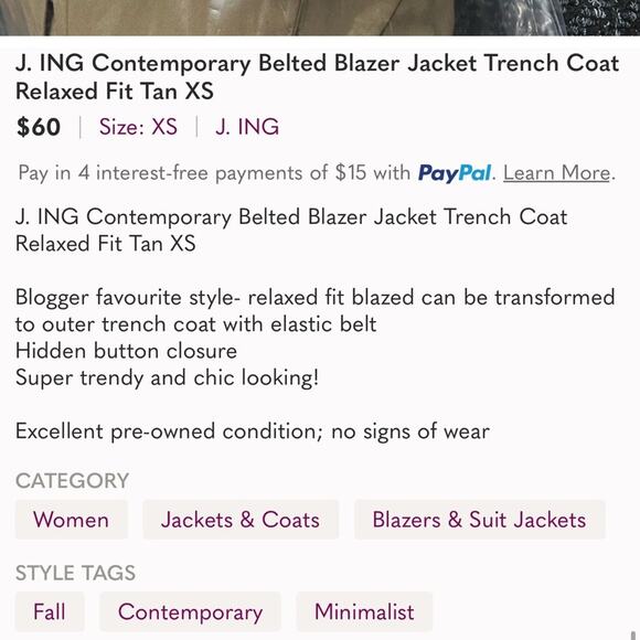 🍁 J. ING Contemporary Belted Blazer Jacket Trench Coat Relaxed Fit Tan XS - Picture 12 of 12